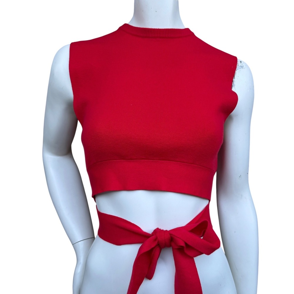 Oak + Fort Knit Wrap Crop Top Red Open Back Minimalist Balletcore Clean Girl S - Picture 2 of 11